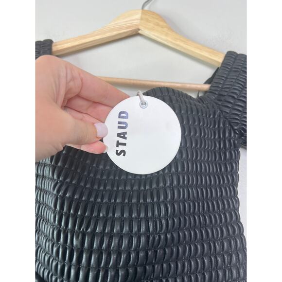 NWT STAUD Mae Smocked Off-The-Shoulder Vegan Leather Lined Maxi Dress Black - Picture 4 of 8